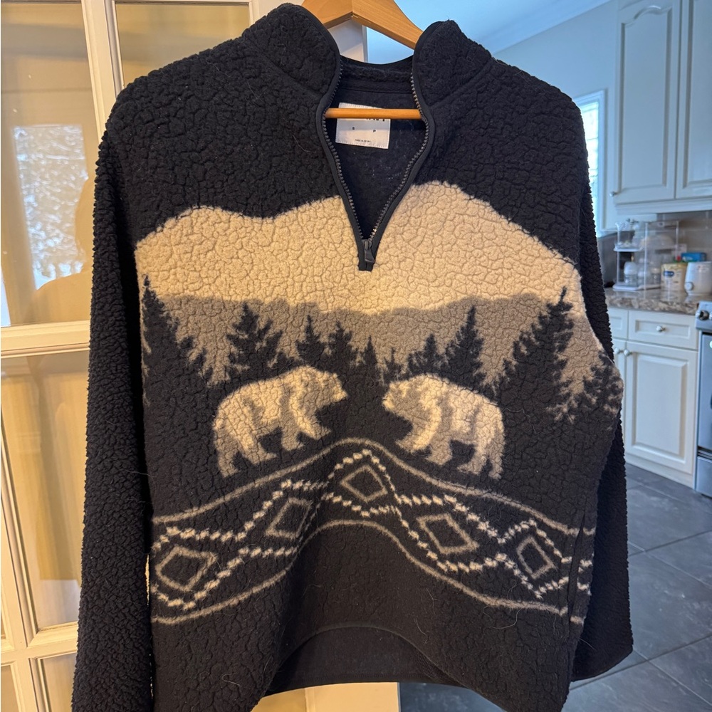 Men’s Old Navy Blue and Cream Sherpa Zip-Up Sweater with Bears